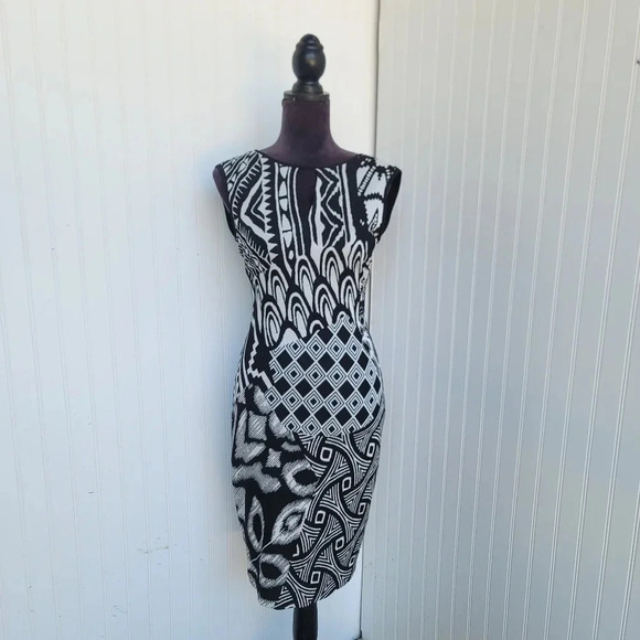$158 NWT Cache Dress Black White Strerch Linned Abstract Sleveless Keyhole Sz M - Picture 1 of 16